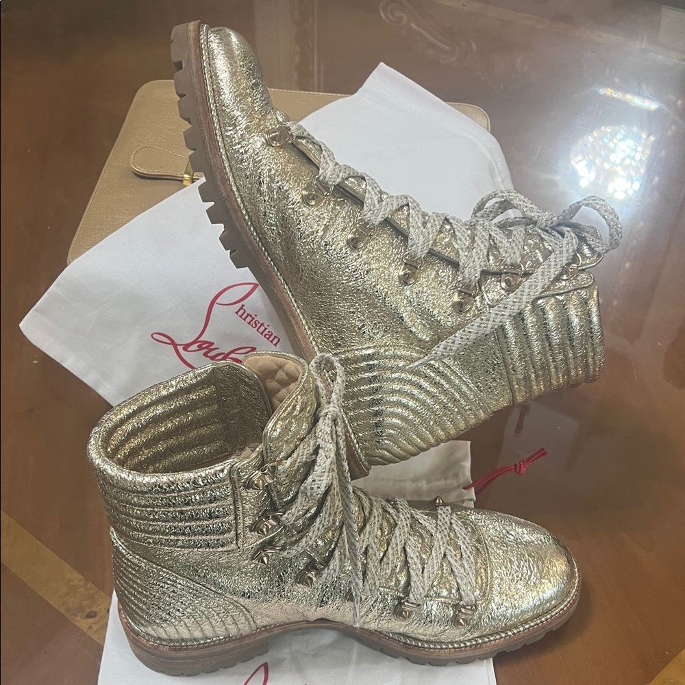 Christian Louboutin Mad Metallic Lace-Up Red Sole Boot Gold Leather Combat Boots